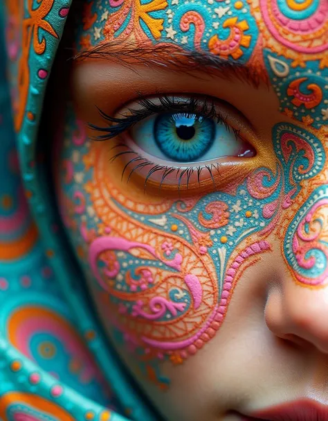 A vibrant close-up portrait of a  Feminine curves., where the skin is intricately composed of fractal patterns in vivid vintage colors like turquoise, burnt orange, and hot pink. Her eyes are striking, framed by delicate fractal shapes that extend outward,...