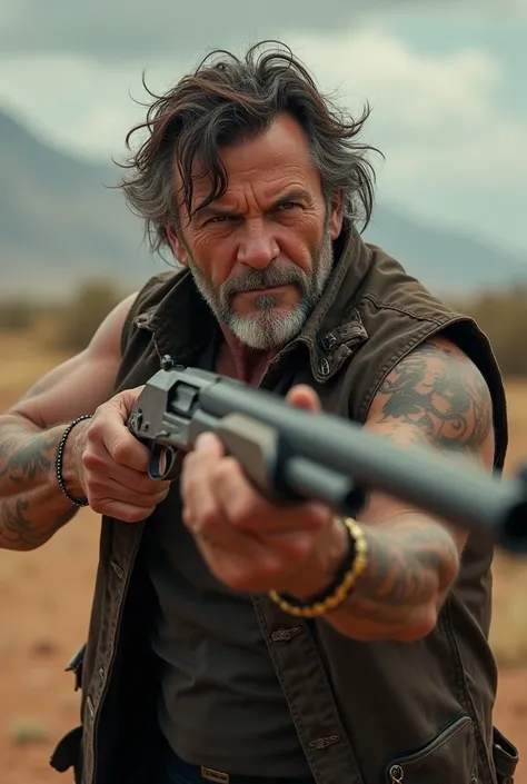 Jonathan Lorchert (bandit boss) -should have a burned scar on his hand, like it was in fire. He should carry a shotgun with both hands (in action). tattoos on the arm, dark brown hair with some gray strays in his hair (he´s like 50 years old but very fit)
...