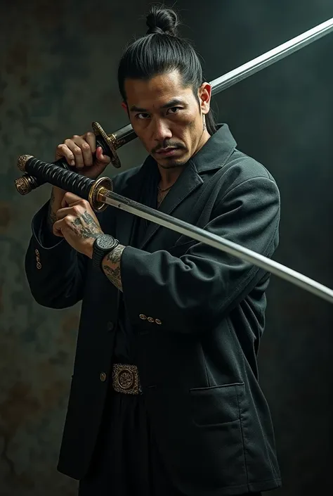 Real photos High-quality Realistic ,a yakuza man hold sword samurai, masterpiece, best quality slight vignette effect]