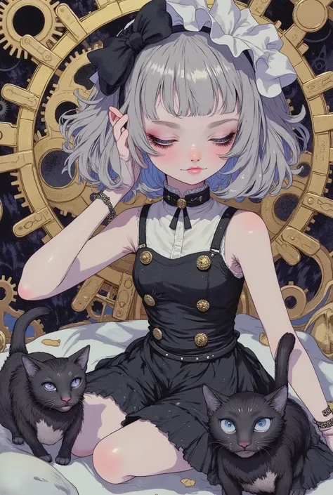 (masterpiece, perfect detail), ( 1girl , doll body, ball jointed doll, ball jointed, Silver short bob, with bangs and eyes hidden , Purple Lips, Sleeveless gothic dress composed of black and white, Frills folded over and over, frill headband, Black ball...