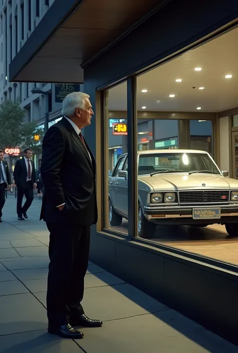 A person standing on the sidewalk, looking through the window of a dealership at a 1985 Holden Vk Commodore 