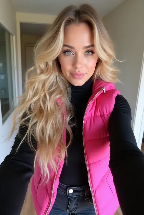 Beautiful blonde with very long hair wearing black jeans and a black long sleeve turtleneck with a hot pink puffer vest and knee high black boots with her hair in curls all around with green eyes taking a selfie from selfie point of view  23 years old 