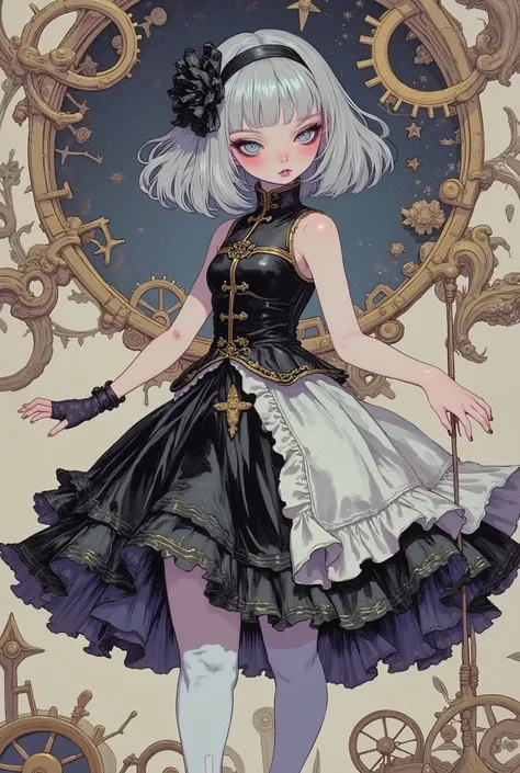 (masterpiece, perfect detail), ( 1girl , doll body, ball jointed doll, ball jointed, Silver short bob, with bangs and eyes hidden , Purple Lips, Sleeveless gothic dress composed of black and white, Frills folded over and over, frill headband, Black ball...