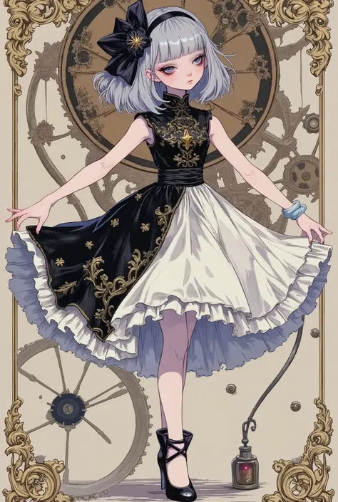 (masterpiece, perfect detail), ( 1girl , doll body, ball jointed doll, ball jointed, Silver short bob, with bangs and eyes hidden , Purple Lips, Sleeveless gothic dress composed of black and white, Frills folded over and over, frill headband, Black ball...