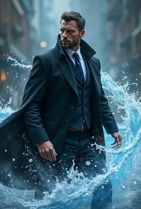 Handsome sorcerer with a short beard wearing a black robe wearing a black suit with a dark blue tie underneath , Using water magic in a fight