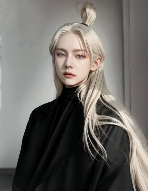 a man with blonde hair and a black coat posing for a picture, with white long hair, with long white hair, delicate androgynous prince, extremely pale blond hair, beautiful androgynous prince, attractive androgynous humanoid, with long blond hair, pale hair...