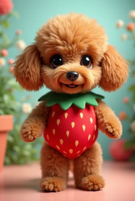 A cute brown toy poodle is wearing a strawberry costume and standing upright. He has his hands by his sides and stands on two legs. He has a cute face. The background is cute and colorful.
