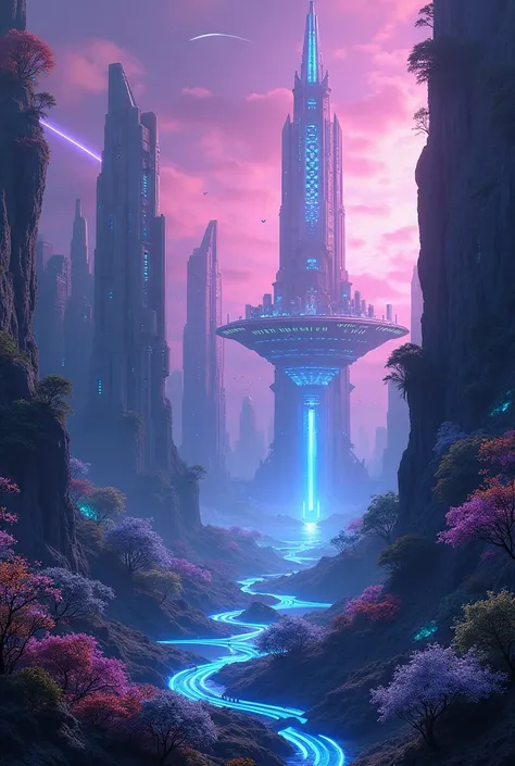 A futuristic landscape with floating cities ,  rivers of neon light and bioluminescent forests under a purple sky