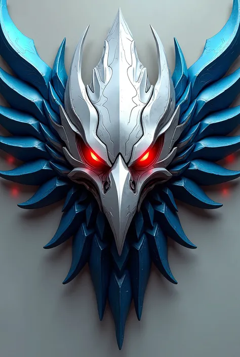 The head of a steel eagle with blue and white colors with bright red eyes, With the name Daniel Gaspar