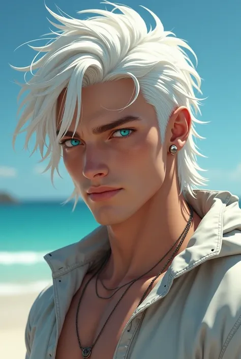 Male about 25 years old with an athletic and muscular figure .  He has bright turquoise eyes that appear to be as blue as the sky. is albino, So his white hair , white eyebrows and white eyelashes. Her skin is porcelain,  is slightly rosy in some parts bec...