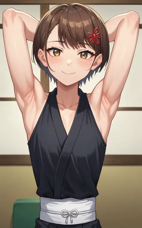 score_9, score_8_up, score_7_up, source_anime, anime screencap, 1girl, solo, kobeni, short hair, bangs, brown hair, mole, hairpin, small breasts, black kimono, sleeveless kimono, sleeveless, bare shoulders, bare arms, arms behind head, armpits, head toward...