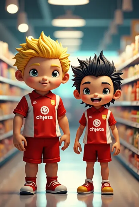  Create two male characters in supermarket uniforms as if they were mascots and make one of them blond,  tall and strong and another slightly shorter thin , dark and hairy hair 