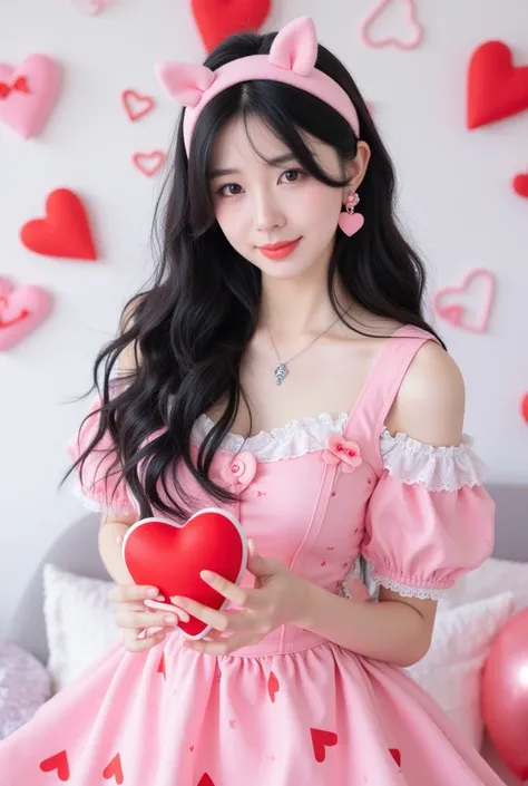 Korean girl, 20 years old, dressed cutely, black hair tied cutely. Dress up in a Valentine's Day theme and pose.
