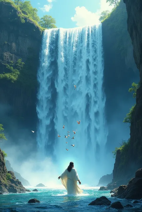  A large waterfall with crystal clear water, Beautiful birds and Jesus among them