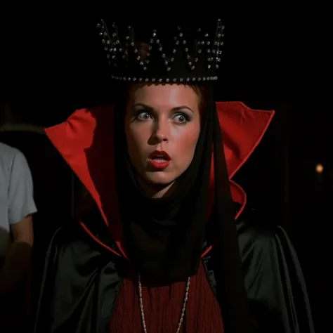cinematic film still of Evil Queen a Long shot of a surprised woman in a black costume, Long Black Satin Cape with red satin Lining and a black crown with wide staring eyes and a shock expression on her face in 1500s 15th century, 1girl, solo, hat, upper ...