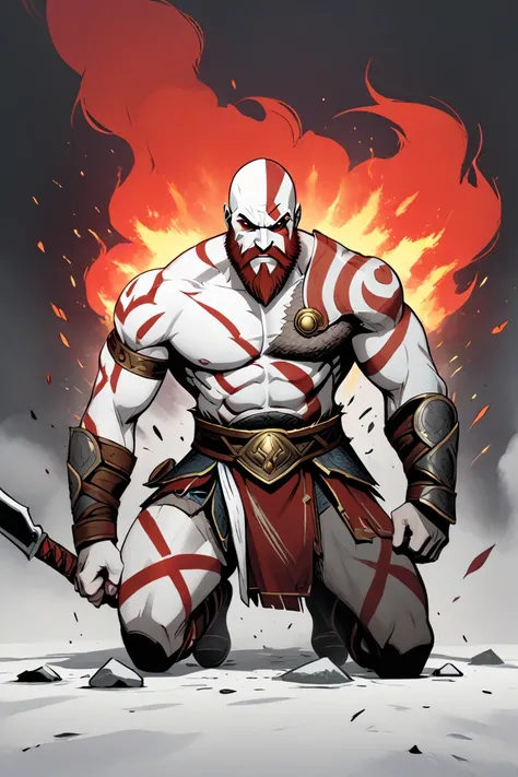 Create a war scene and a protagonist using your power as the final act of the work, And everyone around kneeling and creating an aura of hate just like Kratos 