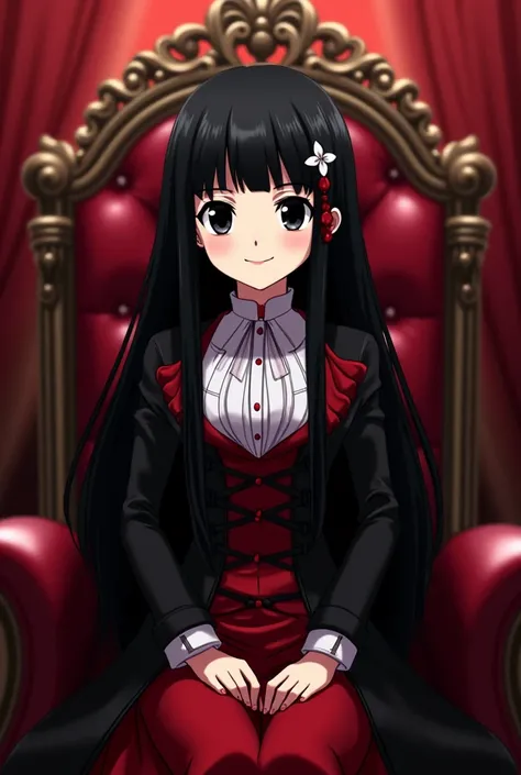 Sarada Uchiha is a queen ,  of long black hair, thesis Clara,  has black eyes,  dressed from the Victorian era in red, black and white. ; that it is anime style,  is seated on her throne with a sharp look and a slight smile