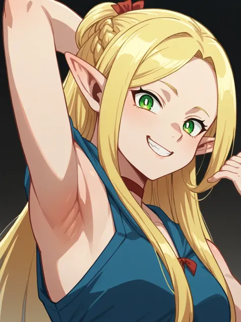 score_9, score_8_up, score_7_up, source_anime, anime screencap, 1girl, solo, marcille, long hair, bangs, blonde hair, green eyes, pointy ears, elf, jewelry, robe, badhandv4, arm behind head, armpit, black background, looking at viewer, smile, grin, teeth, ...