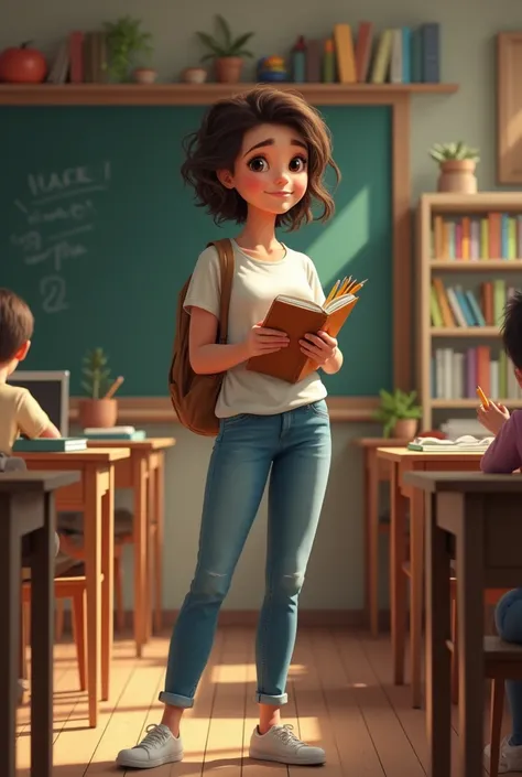 " A brown  of about  ,  full body ,  with a confident expression and a shy smile , holding a notebook and pencils .  She is wearing a casual t-shirt and jeans , with comfortable shoes . In the background,  there is a classroom with book shelves and a black...