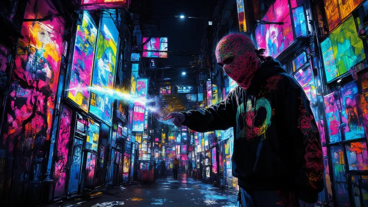  Spiritual art of a man graffiti artist at night in Tokyo, Graffiti on the wall , Balaclava completely covering the face ,  Art of rebellion moving at night , Graffiti tagging and bomb ,urban art ,Tokyo Streets, Counter art , Level music ,Spray cans, Color...