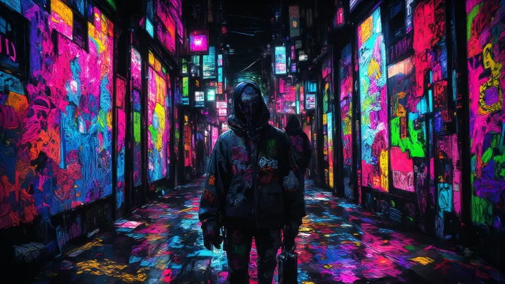  Spiritual art of a man graffiti artist at night in Tokyo, Graffiti on the wall , Balaclava completely covering the face ,  Art of rebellion moving at night , Graffiti tagging and bomb ,urban art ,Tokyo Streets, Counter art , Level music ,Spray cans, Color...