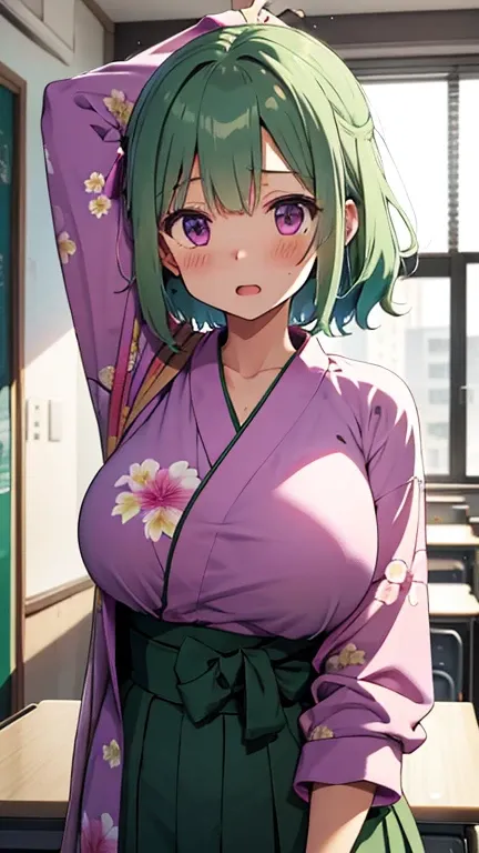 masterpiece,best quality,insanely detailed,
((upper body:1.3)),(from front),
(1girl),((arms behind back:1.3)),(standing),
BREAK,
(light green hair:1.2),(pink floral printed kimono:1.1),(long sleeve kimono),
BREAK,
((blush:1.3)),((ecstasy face:1.3)),((tremb...