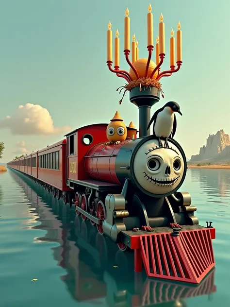 A train carrying 6 candles Above the water with a skull face and arms fused with an owl and a carrot with eyes and on top of the train a penguin eating pizza 