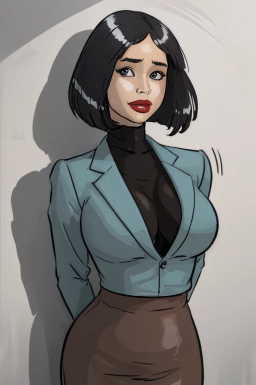 Masterpiece, Best Quality, 1girl, The Stevenson Erenisch Style, Business Jacket, Turtleneck, Pencil Skirt, Wall Background, Simple background, Looking at viewer, Large Breasts, Anatomically Correct, Lipstick, Bob Cut, Chinese Female