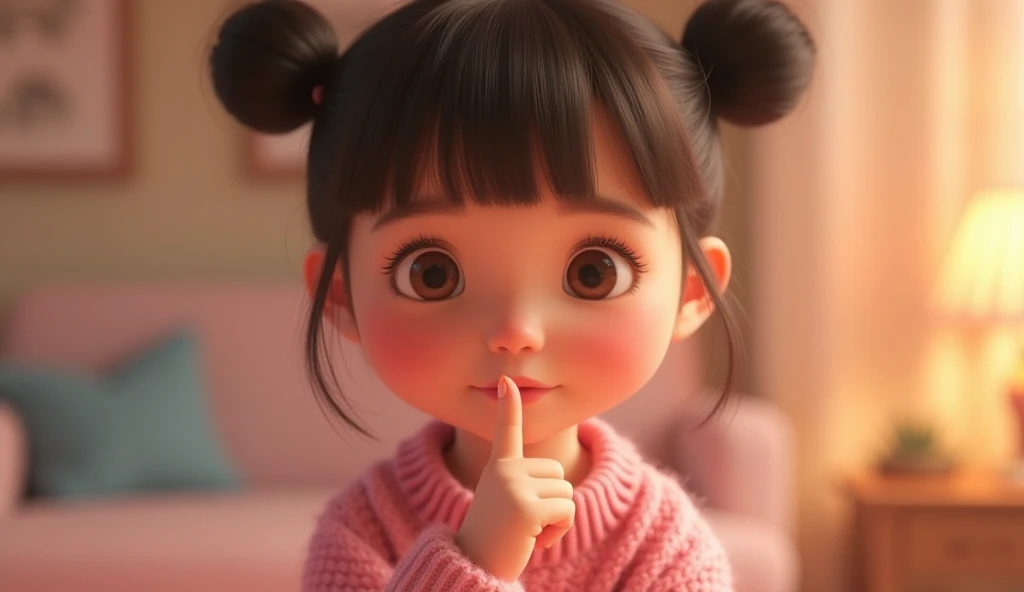 
"A close-up of Uwu's (wearing a pink sweater and two buns on top and bangs her face) small hand with her thumb raised in front of her lips. The thumb is slightly glowing, emphasizing its importance. Her delicate fingers and soft skin details are clearly v...