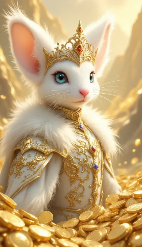 (best illumination, best shadow, masterpiece, best quality), anthropomorphic white mouse king, majestic, intimidating, powerful, epic, royal armor of white and gold with intricate details, clean lines, perfect illustration,The surrounding scenery is golden...