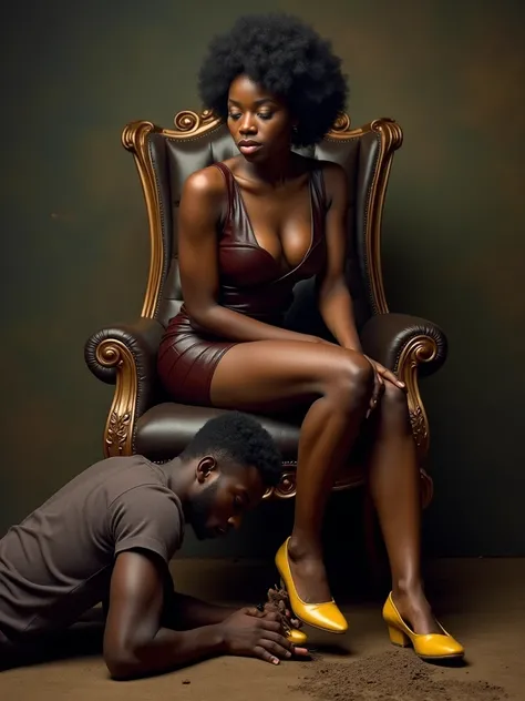 Young, Beautiful Nigerian ******teacher in a leather skirt and yellow leather ballet flats, sitting elegantly on a throne with a man lying at her feet and licking the mud from her shoes. The man lying on the floor is kissing her feet with reverence and has...