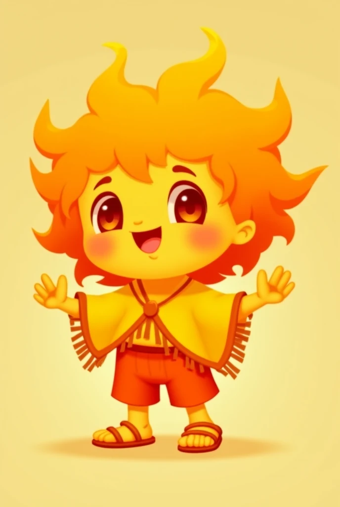 appearance:  Small and round ,  with warm golden skin .  His hair is a soft fire that never burns ,  floating like a flame .  His eyes are big and orange , Always shining.

Clothes:  A yellow poncho with edges that look like sunbeams ,  orange shorts and r...