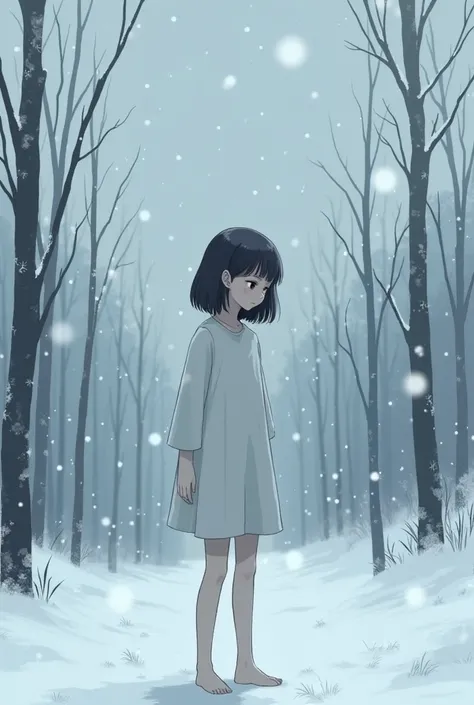 Anime girl in the snowy weather she looks sad