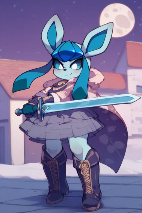  1 girl(masterpiece)、anthro female Glaceon 、A castle town in a blizzard piled up with snow(最高masterpiece、 high quality、beauty、grey brick、blue roof)、Midnight( sky full of stars、 big full moon )、 blue sclera 、White Eyes、 monocle、 proud face(smile)、 BLUE-TONE...