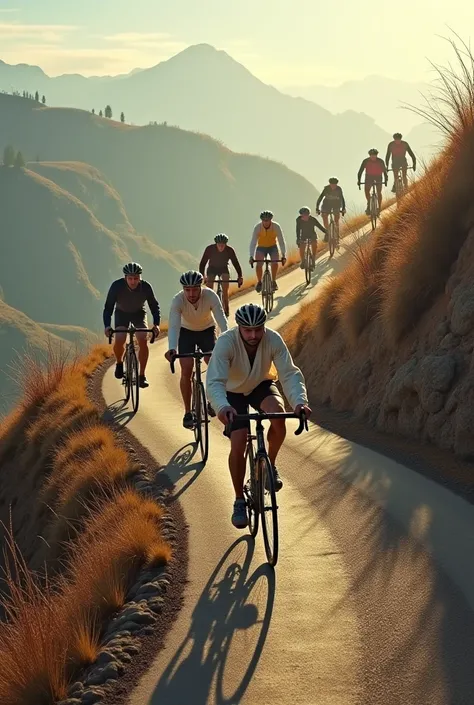 A platoon of cyclists with Jesus in front climbing a hill and next to it a lonely and tired cyclist 