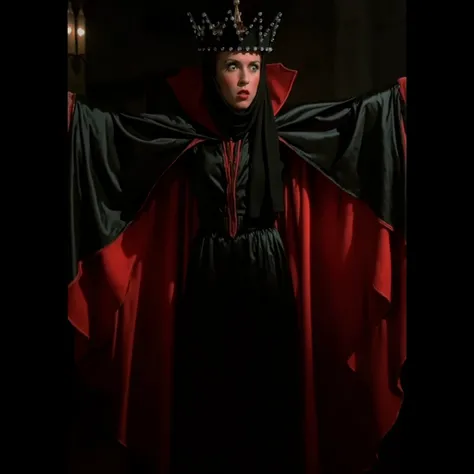 Full length View of a cinematic film still of Evil Queen a Long shot of a surprised woman in a black costume, Long Black Satin Cape with red satin Lining and a black crown with wide staring eyes and a shock expression on her face in 1500s 15th century, 1gi...