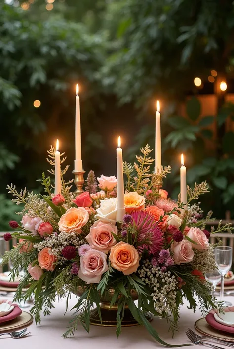 Centerpiece mockup with wild flowers and candles for a luxurious garden wedding
