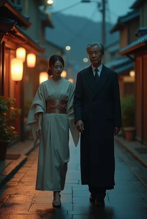 A Japanese girl is walking with a man in his 40s,Beauty,night,live-action