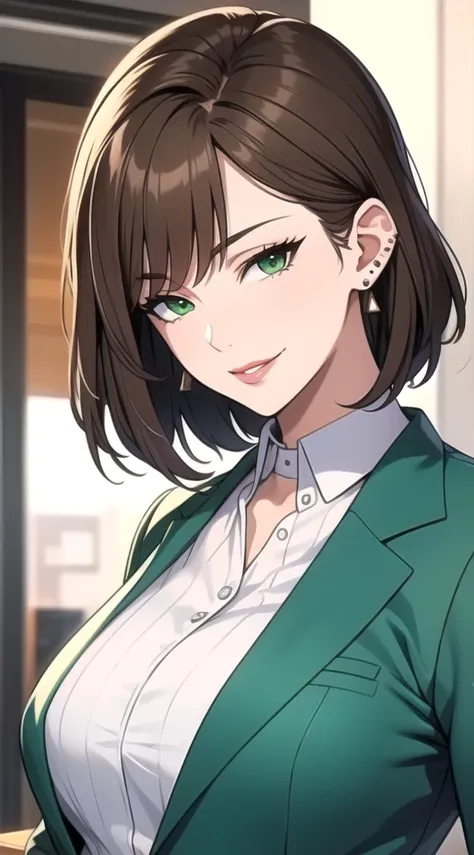 (masterpiece, best quality), intricate details, beautiful woman, mature, brown hair cut at shoulder length, straight bangs, vibrant green eyes, sharp jawline, business clothes, plump lips, upper body, close up, smirk, proud, pierced ears