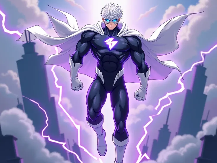 
A tall, muscular anime boy with white hair and blue eyes covered by a white hero mask with ray details,  wears a tight black suit,  with white details , covering the legs and wrists .  white boots , white gloves, a white cape , And a symbol of lightning i...