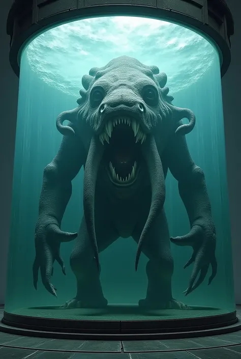 ULTRA- realistic image of massive, monstrous creature submerged in a large, reinforced glass tank filled whith