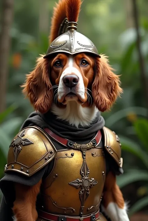 Brown and white springer spaniel Labrador mix dressed as a conquistador 