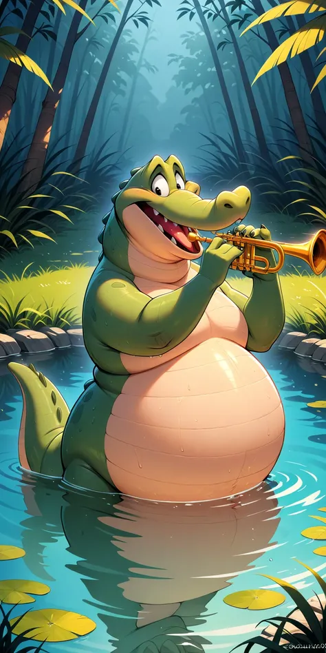 solo, 1boy\(alligator,Louis\(The Princess and the Forg\). large, overweight \) playing trumpet happily, at beautiful pond, in the jungle of New-Orleans,best quality, masterpiece, Disney