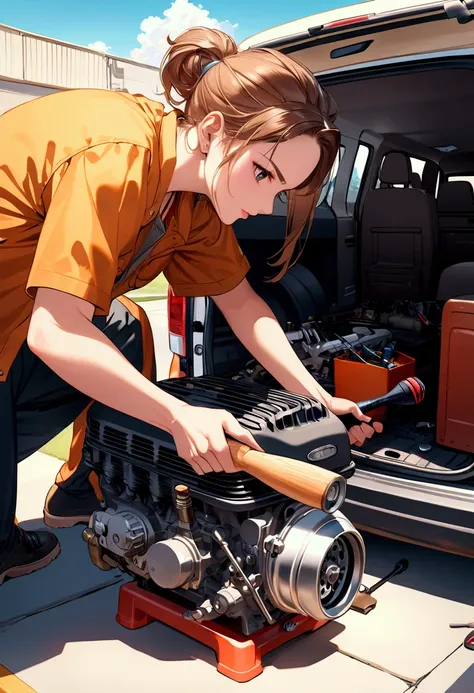 Aries trying to repair the van's engine with a screwdriver and baseball bat.