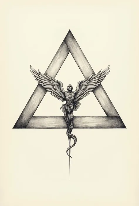 " Draw a triangle ,  symbolizing the trinity of the body , mind and soul .  Within the triangle, create a harmonious symbol,  combining these three elements ,  inspired by myths and philosophy .  Each corner of the triangle must be equal ,  emphasizing bal...