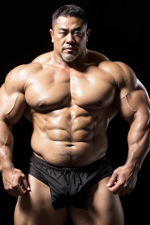 (Black Background:1.5)。Shirtless fat Japanese middle-aged male bodybuilder。Huge belly。 huge muscles。 calm expression。white brief。 extremely huge bulge 。barefoot。 hairy。( tanned skin :1.5)。Glossy skin。Glowing Skin。Precise depiction。 highest resolution。Maxim...