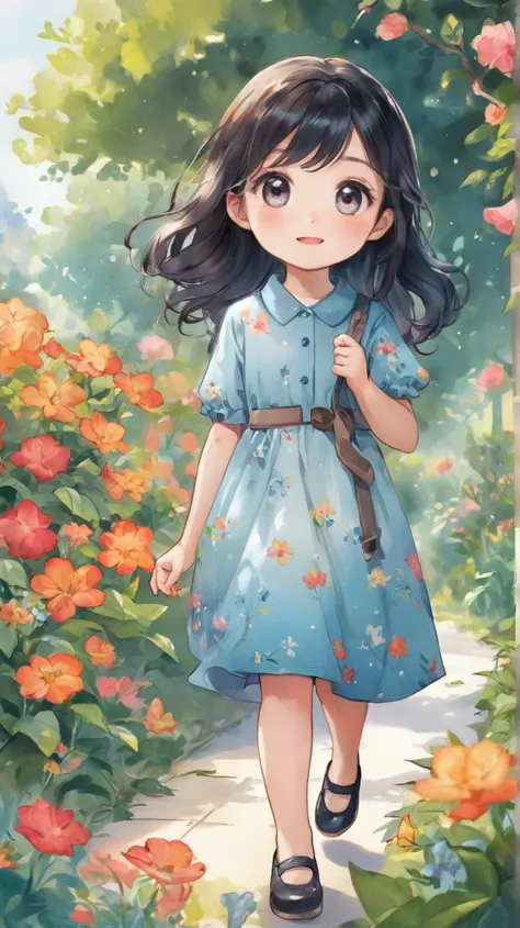 Create a chibi  ,  style image of a girl with wavy black hair and long eyes that express love and affection she wears a blue dress and is very happy walking quietly in the background with lots of colorful flowers leaves the place magical and calm with its ...