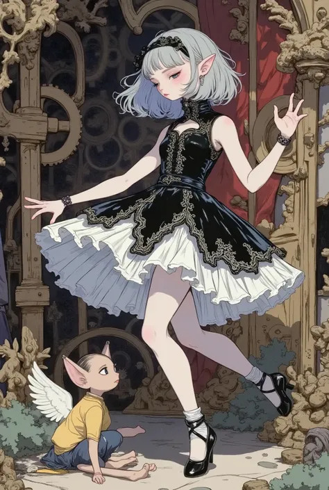 (masterpiece, perfect detail), ( 1girl , doll body, ball jointed doll, ball jointed, Silver short bob, with bangs and eyes hidden , Purple Lips, Sleeveless gothic dress composed of black and white, Frills folded over and over, frill headband, Black ball...