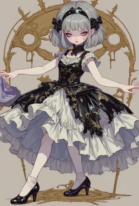 (masterpiece, perfect detail), ( 1girl , Doll Body, Doll Joints, Silver short bob, with bangs and eyes hidden , Purple Lips, Sleeveless gothic dress composed of black and white, Frills folded over and over, frill headband, Black ballet shoes , (open leg...