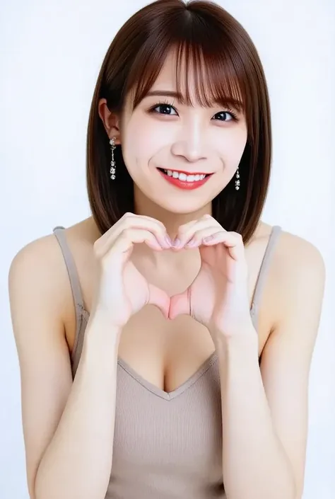  Super Fine、Picture of her face 、 and she has a smile showing her teeth,  I'm wearing a camisole ,  I'm posing with my hands crossed in the shape of a heart in front of my chest、The background is plain 、   high definition、細部にわたって  high definition